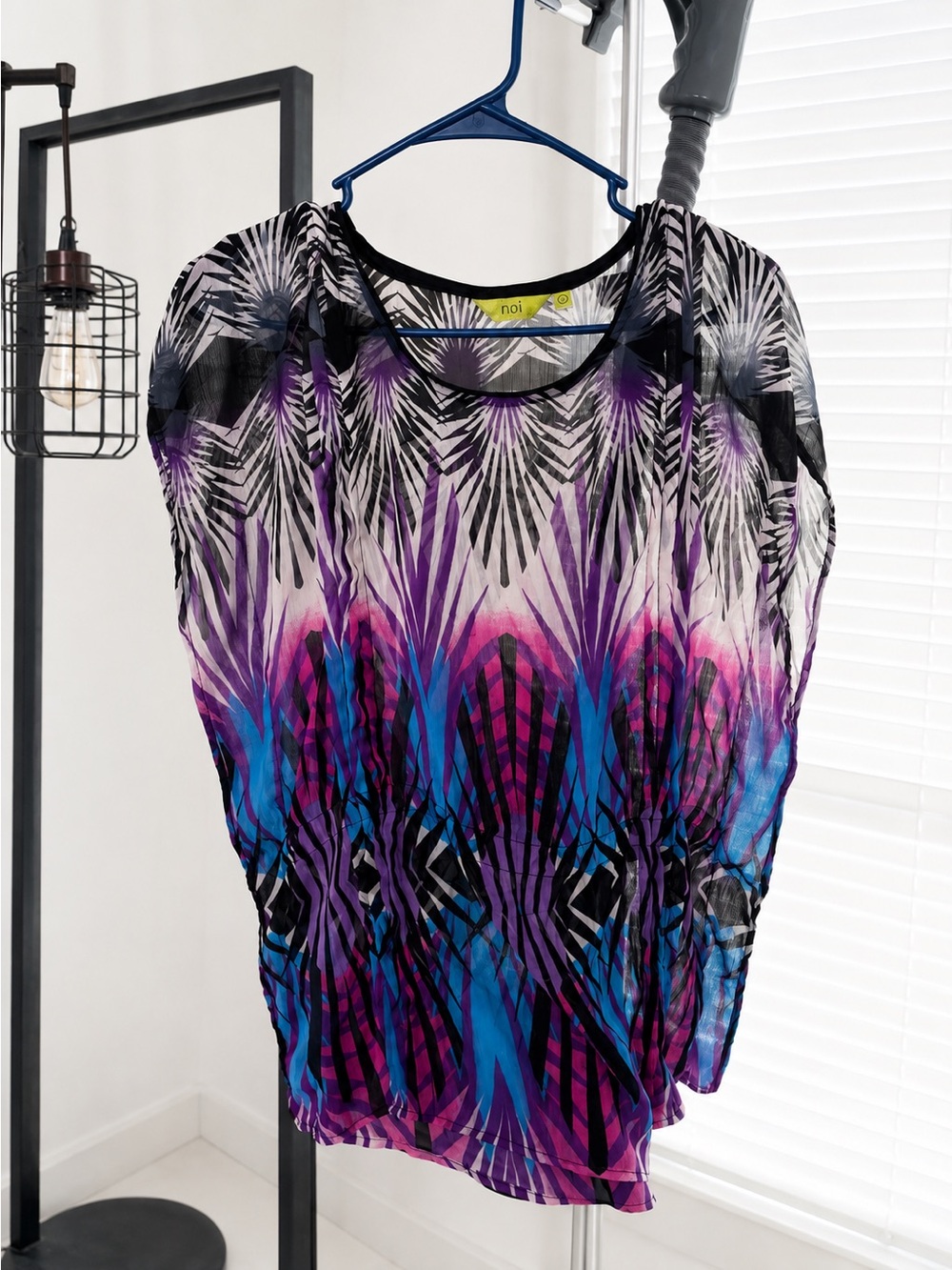 Sheer Printed Scoop-Neck Top in Purple & Blue